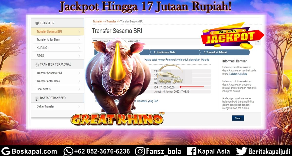 Jackpot Main Slot Great Rhino Hingga 17 Jutaan Rupiah